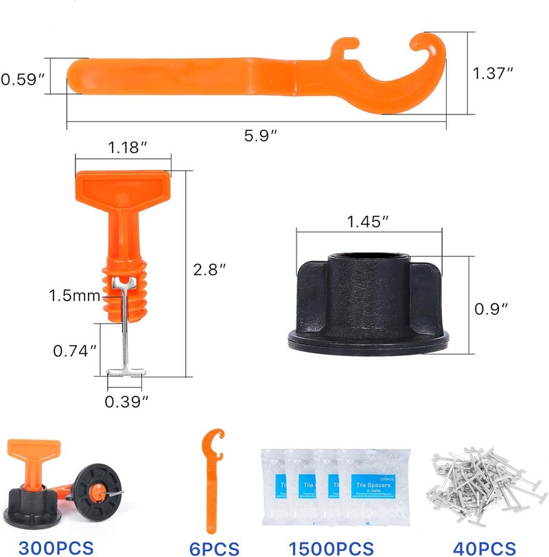 Threetwone Reusable 1/16" Tile Leveling System Kit (300pcs) w/ 1500 1/8" Cross Spacers + 6 Wrenches & 40 Steel Pins - Professional Floor Installation Tools (300, 1/8) - Image 2